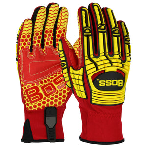 (6 Pairs) Boss® Synthetic Leather Palm Glove with Red Silicone Grip and Spandex Back – TPR Impact Protection
