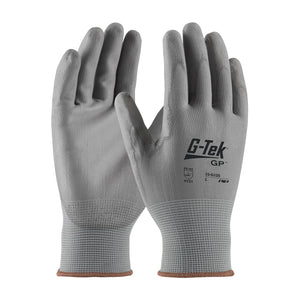 (Dozen) G-Tek® Seamless Knit Nylon Blend Glove with Polyurethane Coated Flat Grip on Palm & Fingers - 13 Gauge (Gray)