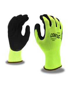 (12 pairs) CONTACT™, 13-gauge, Hi-vis Green Nylon Shell, Black Foam Latex Palm Coating