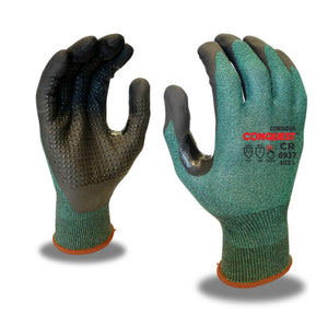 (12 Pairs) Conquest CR™, Touchscreen fingertips, HPPG™ Shell, ANSI Cut Level A4, Microfoam Nitrile Coating with Dots