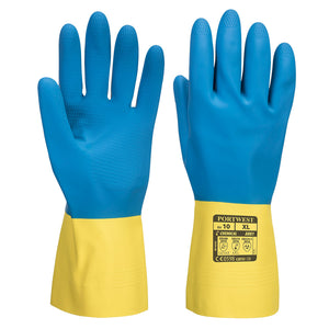 (12 pairs) Portwest Double Dipped Latex Chemical Gauntlet Blue/Yellow Flock Lined Glove