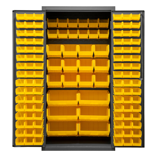 Durham Cabinet, 16 Gauge, 36 x 24 x 72, 126 Yellow Bins, Flush Doors with Louvered Panel, Lockable, Chrome Handle with Keys, Gray