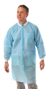 (100/Case) Blue 3-Layer SMS Lab Coats | Knee Length, 3 Pockets, Snap, Knit Cuffs and Collar