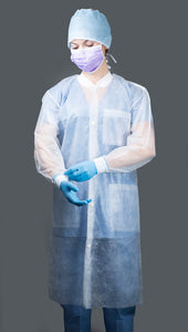 (100/Case) White 3-Layer SMS Lab Coats | Knee Length, 3 Pockets, Snap, Knit Cuffs and Collar