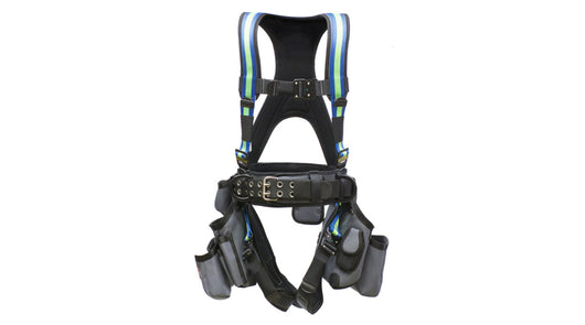 Deluxe™ Fully Padded Safety Harness w/ Tool Bag – Blue/Green