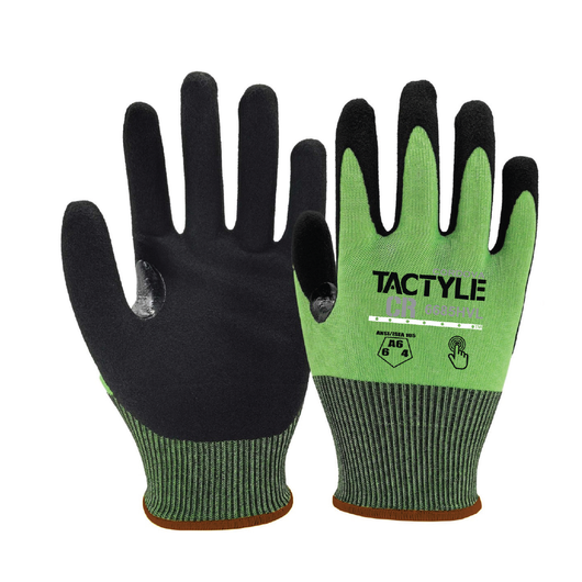 (12 Pairs) TACTYLE™ Hi-Vis 18-gauge, HPPE™ Shell, Black TUFCOR™ Nitrile Palm Coating, ANSI Cut Level A6