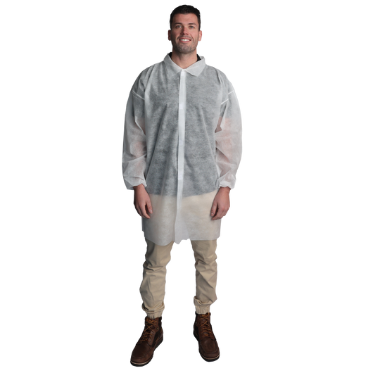 (30/Case) VGuard® 28gsm White Lightweight Polypropylene Lab Coat w/ Hook & Loop Closure