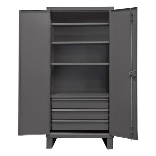 Durham Extra Heavy Duty Cabinet, 12 Gauge, 36 x 24 x 78, 4 Adjustable Shelves, Recessed Doors, 3 Drawers, Cast Iron Pad-lockable Handle, Gray