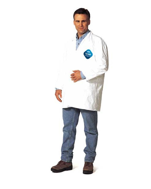 (30/Case) White Dupont TYVEK Lab Coats Snap Front No Pockets with Open Wrists