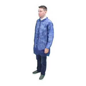 (30/Case) PolyLite Disposable Blue Lab Coats No Pockets -Elastic Wrists