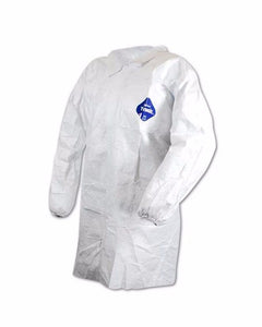 (30/Case) White Dupont TYVEK Lab Coats Snap Front No Pockets with Elastic Wrists