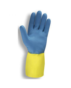 Premium Blue/Yellow Neoprene over Latex, Flock Lined, 28-mil Gloves