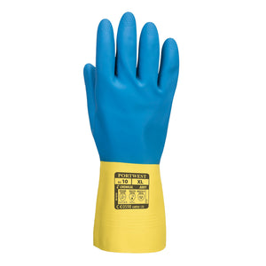 (12 pairs) Portwest Double Dipped Latex Chemical Gauntlet Blue/Yellow Flock Lined Glove
